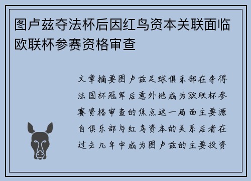 图卢兹夺法杯后因红鸟资本关联面临欧联杯参赛资格审查
