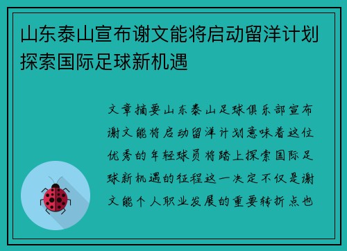 山东泰山宣布谢文能将启动留洋计划探索国际足球新机遇